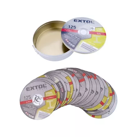 EXTOL CRAFT vágókorong 20 db, acélhoz; 125×1×22,2mm, max 12200 ford/perc, fémdobozban