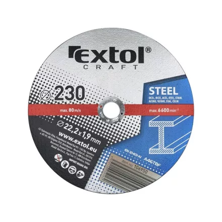EXTOL CRAFT vágókorong acélhoz; 230×1,9×22,2mm, max. 6.600 ford/perc, (darabáras, de csak ötösével rendelhető)