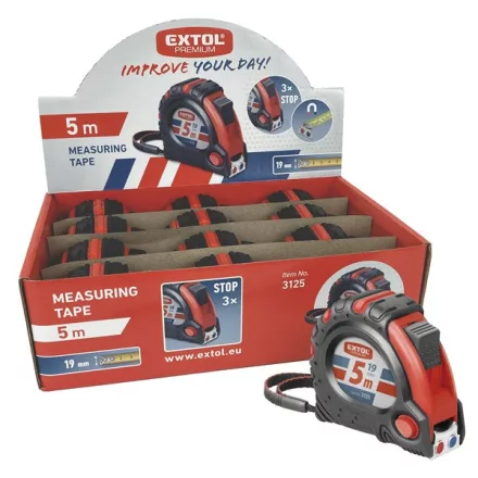 EXTOL PREMIUM 5 év mérőszalag, gumírozott, mágneses 3 stoppos; 5m×19mm