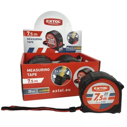 EXTOL PREMIUM 5 év mérőszalag, gumírozott, 2 stoppos; 7,5m×25mm
