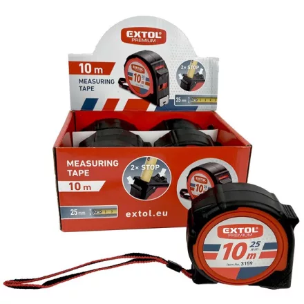 EXTOL PREMIUM 5 év mérőszalag, gumírozott, 2 stoppos; 10m×25mm