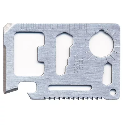 Egyéb túlélő kártya, 11 funkciós, tokkal; 6,9×4,5×0,2cm, inox