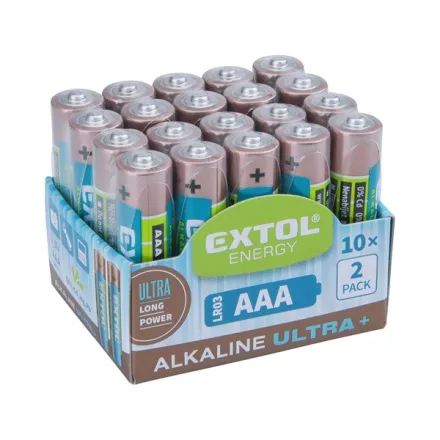 EXTOL ENERGY elem klt. 20 db, alkáli, 1,5V, méret: AAA (LR03); hosszú élettartam, 10×2db-os kínálóban