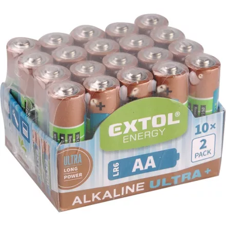 EXTOL ENERGY elem klt. 20 db, alkáli, 1,5V, méret: AA (LR6); hosszú élettartam, 10×2db-os kínálóban