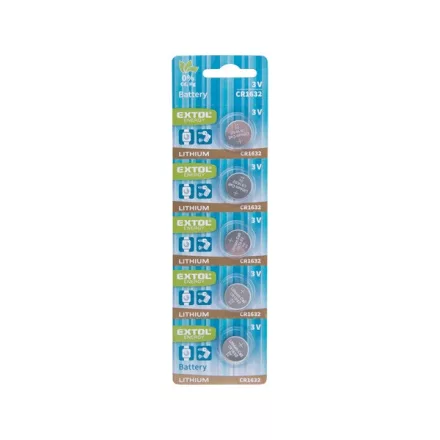 EXTOL ENERGY gombelem klt. 5 db, Lítium, 3V, méret: (CR1632); hosszú étettartam, bliszteren