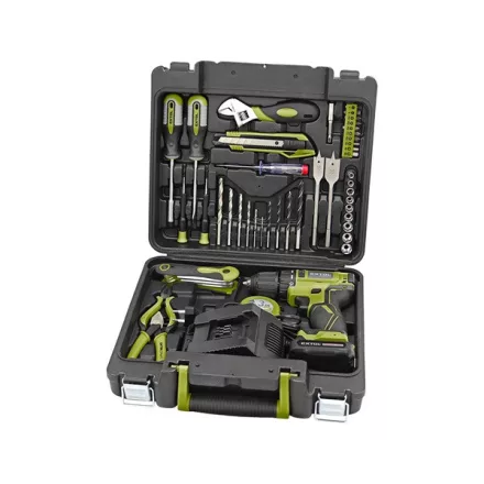 EXTOL CRAFT akkus fúrócsavarozó, 12V, Li-ion, szénkefe mentes, 1db 2000 mAh akku + 46 db szerszámkészlet