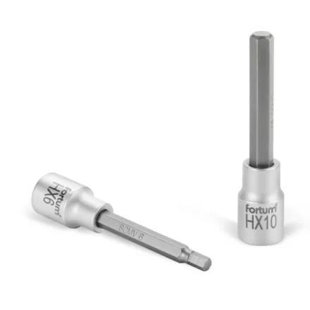 FORTUM garancia bitdugófej, imbusz,  1/2", hosszú,  61CrV5/S2, mattkróm; 10mm (HX10), 100mm