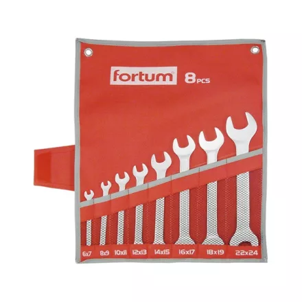 FORTUM garancia villáskulcs klt. 8db 6-24mm, 61CrV5, mattkróm; 6×7, 8×9, 10×11, 12×13, 14×15, 16×17, 18×19, 22×24mm, vászon tok FORTUM