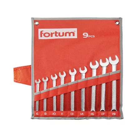 FORTUM garancia csillag-villás kulcs klt. 9db, 6-19mm 61CrV5, mattkróm, vászon tok FORTUM