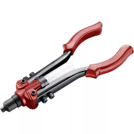 FORTUM garancia popszegecshúzó fogó, kétkaros, ALU, réz, acél, INOX szegecsekhez; 2,4-6,4mm, 330mm, CrVMo fej, szegecsvég gyűjtő