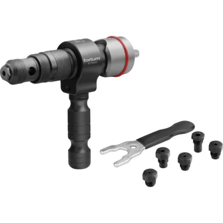 FORTUM garancia adapter klt. fúrógéphez, popszegecsekhez, 2,4-3,2-4,0-4,8-6,0-6,4 mm-es szegecsekhez; 8mm (5/16" hatszög befogás) FORTUM
