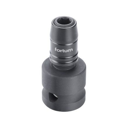 FORTUM garancia adapter, impakt 1/4" BIT-ek gépi befogásához, 1/2" gépi befogás, gyorskioldóval, CrMoV, hossz: 49 mm