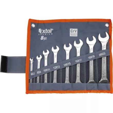 EXTOL PREMIUM 5 év villáskulcs klt., CrV., vászon tartóban; 8db, 6-22mm