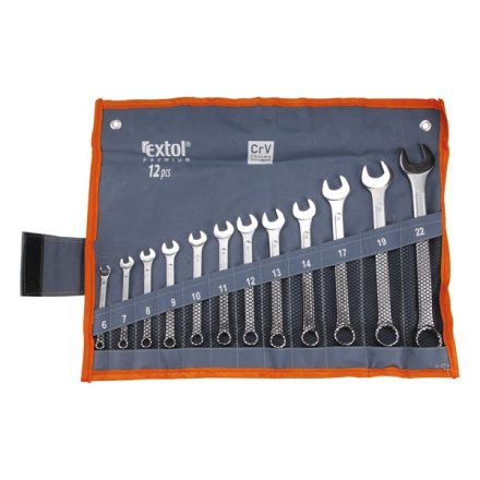 EXTOL PREMIUM 5 év csillag-villás kulcs klt., CrV., vászon tartóban ; 12db, 6-22mm