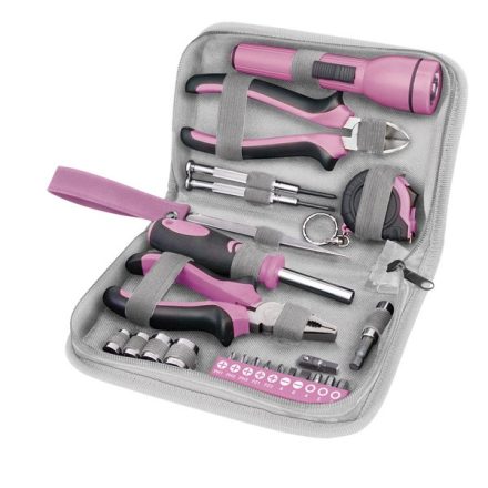 EXTOL LADY 3 év szerszámkészlet, 23db, 1/4"; Extol Lady, rózsaszín, 4 dugófej (6-12mm), fogók, csavarhúzó markolat, mérőszalag, BIT-ek