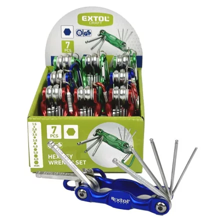 EXTOL CRAFT 3 év imbuszkulcs klt., Cr40 gömbfej, színes, TÜV/GS; 7db, 1,5-6mm, karabínerrel