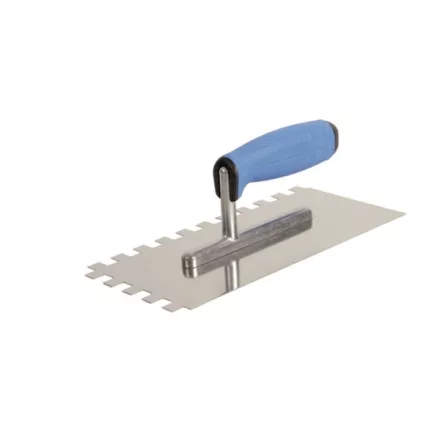 EXTOL PREMIUM glettelőkanál  270×128×90mm rozsdamentes csempéző 10×10mm, SOFT gumi nyél poliamid lábon