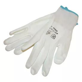   MUNKAVEDELEM Kötött kesztyű fehér nylon, L-es méret,  9' poliuretánba mártott teny. és ujjhegy., gumírozott mandzsetta