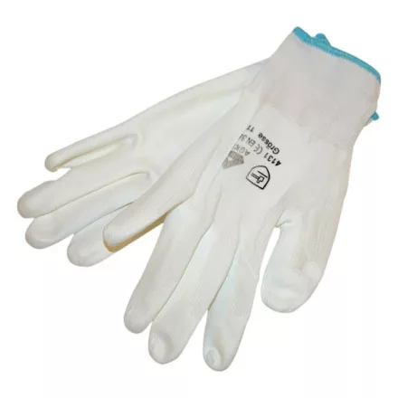 MUNKAVEDELEM Kötött kesztyű fehér nylon, L-es méret,  9' poliuretánba mártott teny. és ujjhegy., gumírozott mandzsetta
