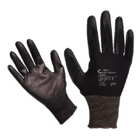   MUNKAVEDELEM Kötött kesztyű fekete nylon, L-es méret 9',  poliuretánba mártott teny. és ujjhegy., gumírozott mandzset