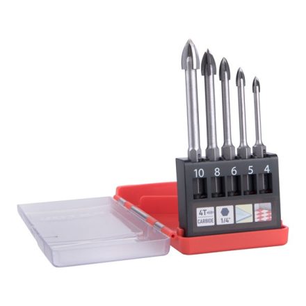 EXTOL PREMIUM fúró klt. 5 db, üvegre, kerámiára és csempére,  4 élü, keményfém lapkás; 4-10 mm ×100mm, 4élü, 1/4" hatszög befogás