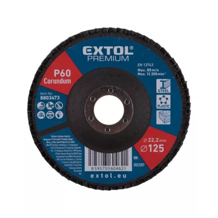 EXTOL PREMIUM lamellás csiszoló acél, Alu, műa. és fa munkadarabok csiszolására, 125×22mm; P60, kúpos, max.:12.300 ford./perc, EN13743