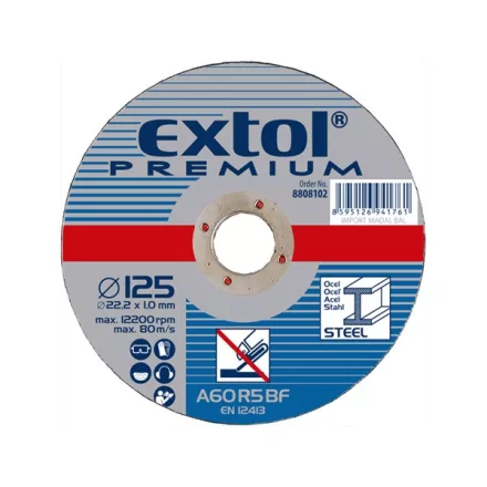 EXTOL PREMIUM vágókorong acélhoz/inoxhoz, kék; 125×1×22,2mm, max 12200 ford/perc, (darabáras, de csak ötösével rendelhető)