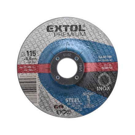 EXTOL PREMIUM vágókorong, acélhoz/inoxhoz; 115×0,8×22,2mm, hajlított, ,max 13300 ford/perc