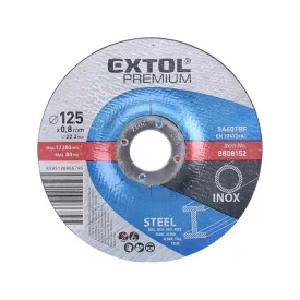   EXTOL PREMIUM vágókorong, acélhoz/inoxhoz; 125×0,8×22,2mm, hajlított, max 12200 ford/perc