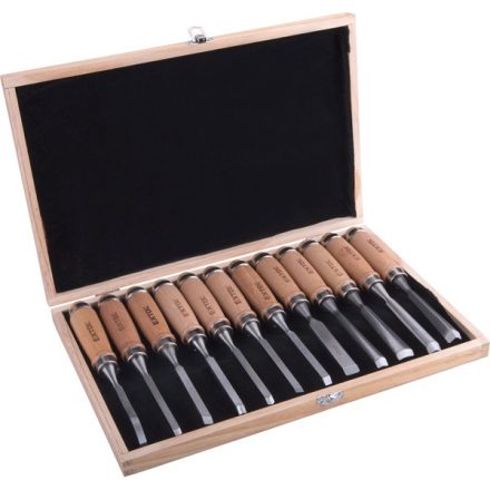 EXTOL PREMIUM 5 év fafaragó készlet ; 12db, fanyelű, dobozban, Cr.V., HRC 58-60