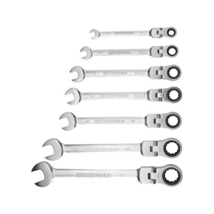 EXTOL PREMIUM 5 év csuklós racsnis csillag-villás kulcs klt. 7db; 8-10-12-13-14-17-19mm CrV. 72 foggal, 1 irányú forgás