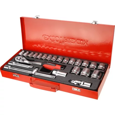 EXTOL PREMIUM 5 év dugókulcs klt., CV., racsnis 45fog ; 1/2" 24db, 10-32mm, fém doboz