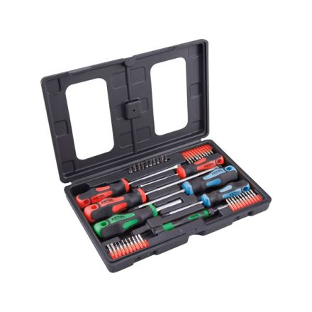 EXTOL PREMIUM 5 év csavarhúzó és BIT klt., 47 db; lapos: 5,5×38, 5,5×100, 6,5×125mm és 8×150mm, PH1×75, PH2×38 és PH2×125, CV., műanyag tar