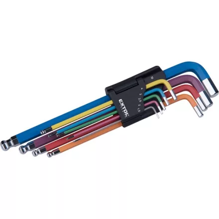 EXTOL PREMIUM 5 év imbuszkulcs klt., 9db, HEX, több színű, extra hosszú, gömbfej, H 1,5-10mm, S2, krómozott