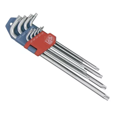 EXTOL PREMIUM 5 év torx kulcs klt. 9db, extra hosszú; T10-T50, hosszú szár: tömör, rövid szár: lyukas, CV., 90-225mm