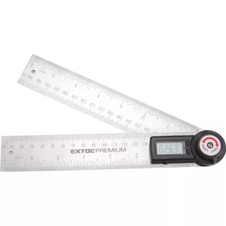 EXTOL PREMIUM 5 év digitális szögmérő-vonalzó, szög- és hosszmérésre, 0-360°, pontosság: ±0,3°, 2×200 mm, Alu szár mm és coll beosztással