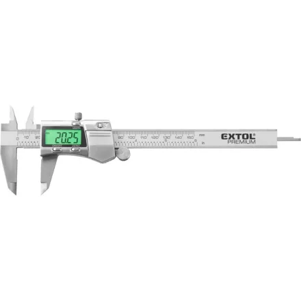 EXTOL PREMIUM 5 év digitális tolómérő; 0,01×150mm, kijelző háttérvilágítással, mélységmérővel, rozsdamentes acél, pontosság ±0,02/0,03 mm