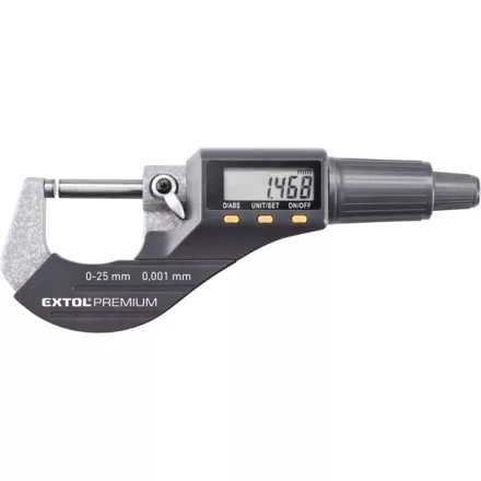 EXTOL PREMIUM 5 év digitális mikrométer; felbontás×mérési tartomány: 0,001×25 mm, keményfém mérőfelület, pontosság ±0,002 mm