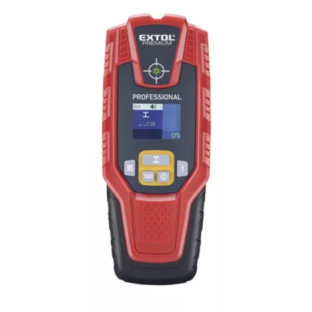 EXTOL PREMIUM 5 év digitális detektor, rejtett fém (vas, réz, alu) és fa tárgyak, illetve feszültség alatti vezeték keresésére, LCD kijelző