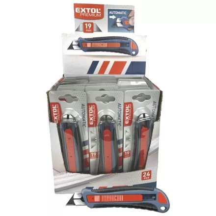 EXTOL PREMIUM PVC vágókés, 1 db trapézpengével, automata penge visszahúzás, fémházas, pótpenge:9124, 9121, 8855099