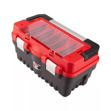 EXTOL PREMIUM szerszámosláda, műanyag 462×256×242mm, fémcsatos, tálcával, lakatolható