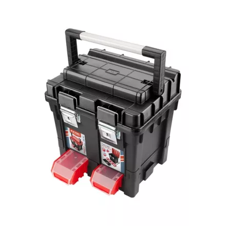 EXTOL PREMIUM szerszámosláda profi erős, műanyag 440×350×440mm, fémcsatos, tálcával, lakatolható