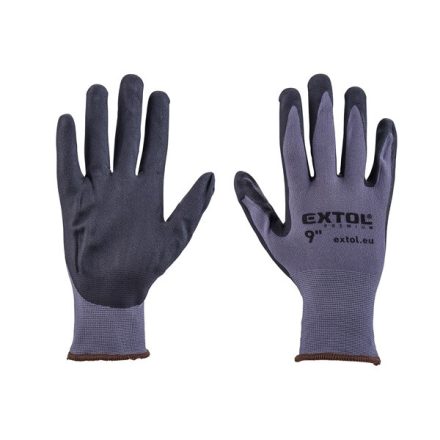 EXTOL PREMIUM Kötött kesztyű nylon-Spandex, varrat nélküli, méret: 9' nitrilbe mártott teny. és ujjhegy, gumírozott mandzsetta