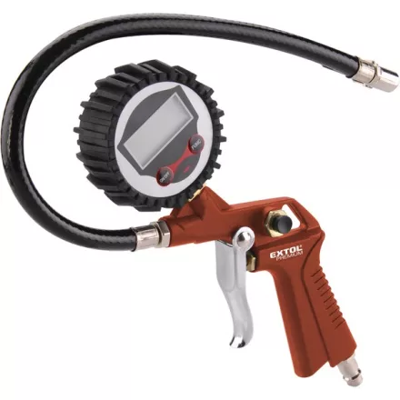 EXTOL PREMIUM 5 év gumiabroncs fúvató pisztoly, digitális manométerrel, max.13 Bar, 1/4" tömlőcsatlakozó, 85-142 l/perc, 2×1,5V AAA elem