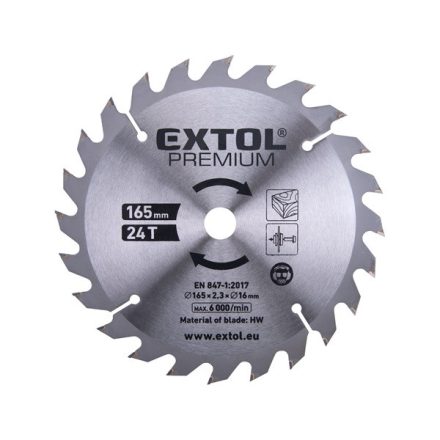 EXTOL PREMIUM tartalék körfűrészlap a 8891822 géphez, keményfémlapkás, 165×2,3×16mm, 24T