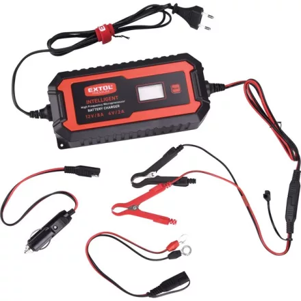 EXTOL PREMIUM 5 év akkutöltő, autós, mikroprocesszoros, intelligens, 8 Amp, 4-160Ah, DC 12V/6V