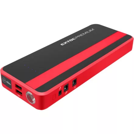 EXTOL PREMIUM 5 év autós indító, benzin- és dízelmotorokhoz., beépített 18000 mAh Li-polimer akkuval + power bank 5V és 19V, "bikázó", 700A